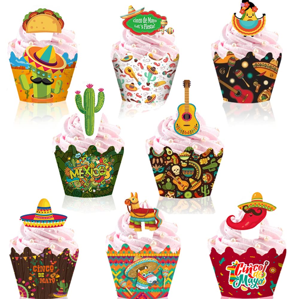 48 Pieces Fiesta Cupcake Topper Mexican Cupcake Wrappers Set For Cinco De Mayo Party Mexican Fiesta Themed Summer Favors Supplie