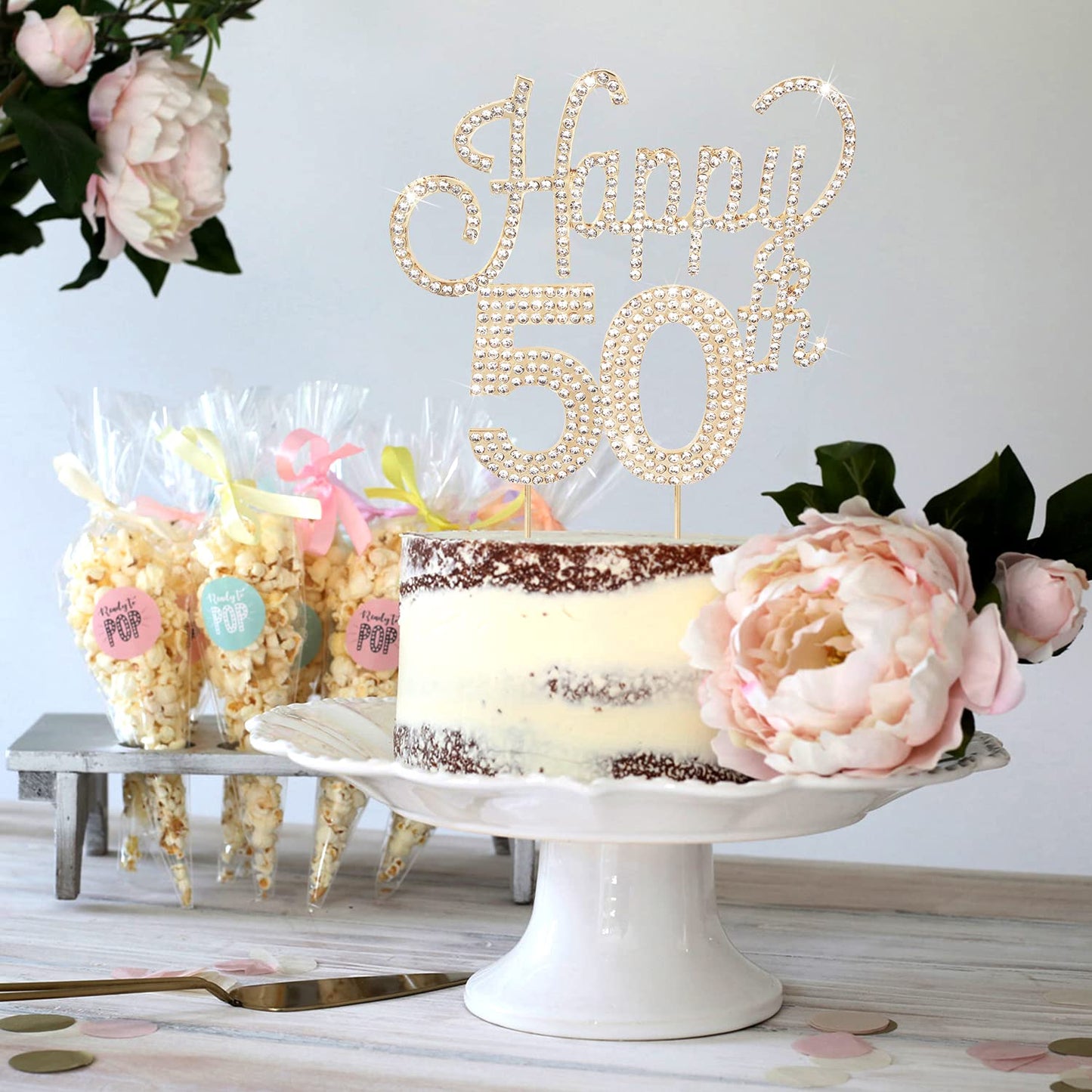 Lingteer Happy 50Th Birthday Gold Rhinestone Cake Topper - Cheers To 50Th Birthday Fifty Years Old Anniversary Party Cake Center