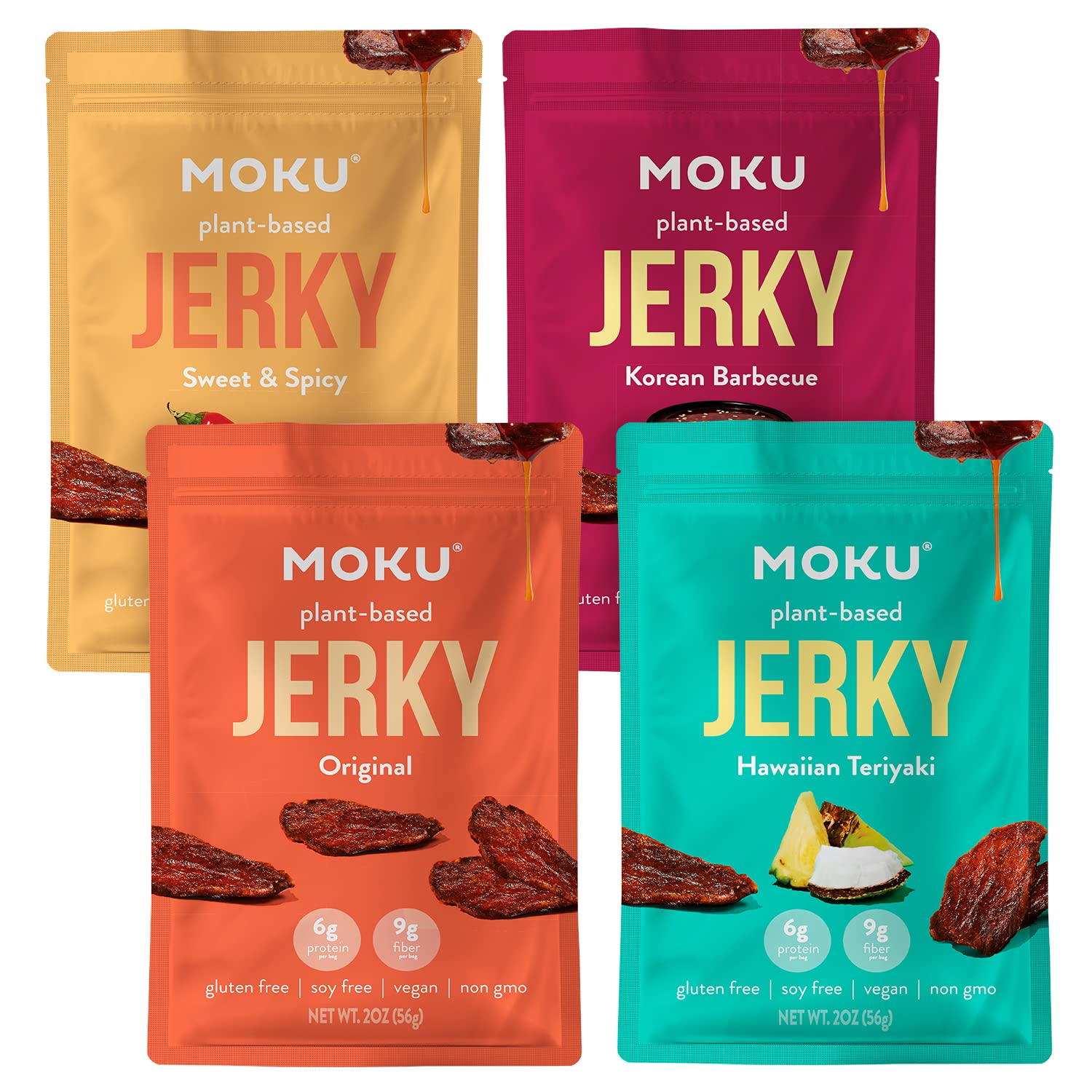 Moku Plant-Based Mushroom Jerky, Hawaiian Teriyaki, Sweet and Spicy, Original (4 Pack) Vegan Jerky, Gluten Free, Soy-Free, Non-G