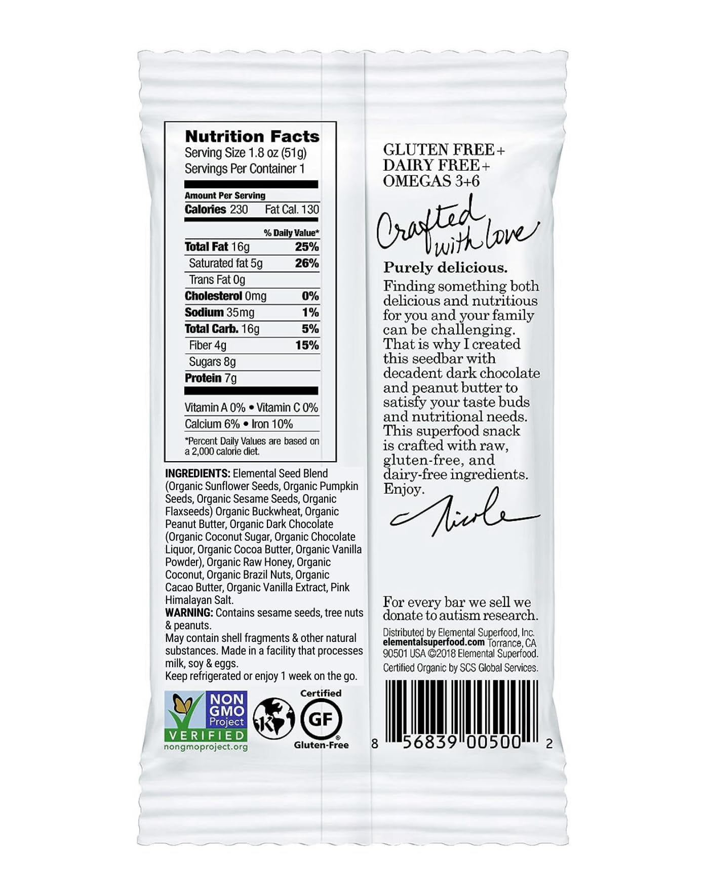 Elemental Superfood Dark Chocolate Peanut Butter Seedbar - 1.8 oz, 12 Pack, 100% Organic, Non-GMO, Gluten Free, Dairy Free, Plant Based
