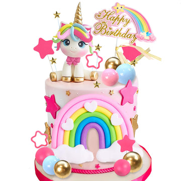 29 Pcs Unicorn Cake Topper, Unicorn Rainbow Cake Decorations With Rainbow Stars Unicorn Balls Happy Birthday Cake Decorations Fo