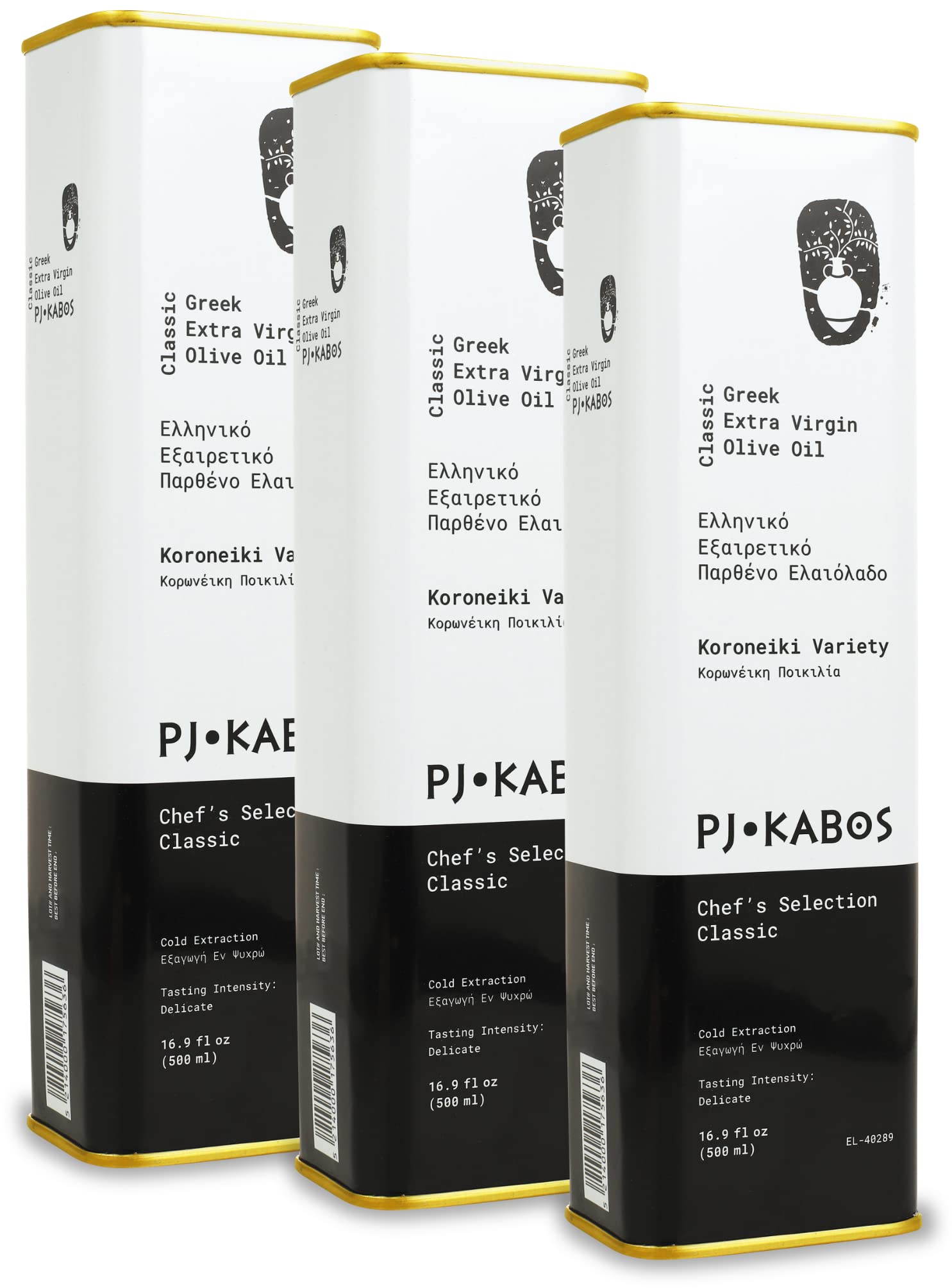 P.J. KABOS Greek Extra Virgin Olive Oil, Cold Extracted, 16.9 oz Tin, 3-Pack