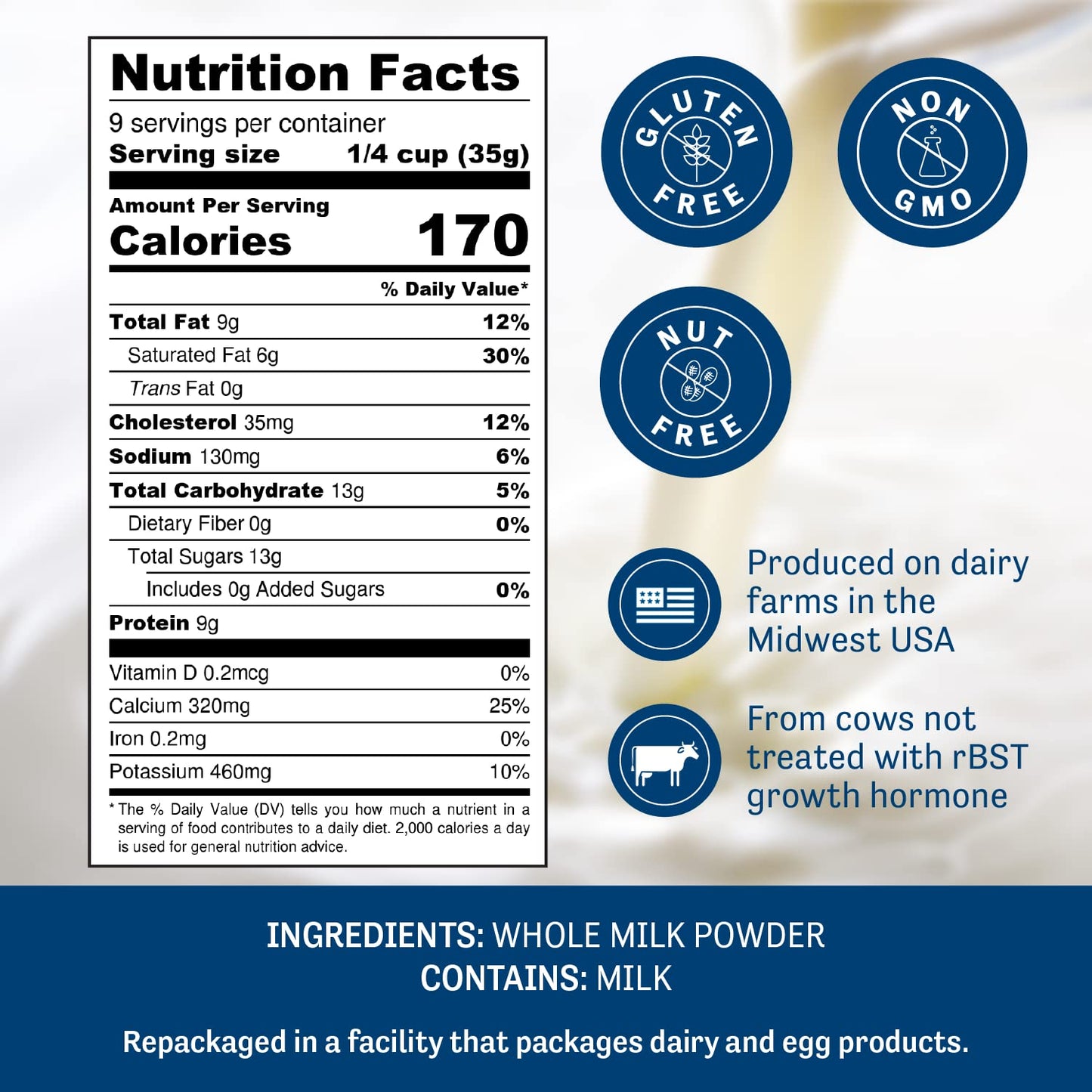 Judees Gluten Free Whole Milk Powder - Non-GMO, Gluten & Nut Free - 11oz Shelf Stable Pantry Staple
