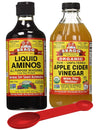 Bragg Variety Pack: Bragg Organic Liquid Aminos 16 Oz + Bragg Apple Fruit Beverage Vinegar Organic Raw Unfiltered  16 Oz; With Bonus Measuring Spoon