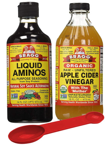 Bragg Variety Pack: Bragg Organic Liquid Aminos 16 Oz + Bragg Apple Fruit Beverage Vinegar Organic Raw Unfiltered  16 Oz; With Bonus Measuring Spoon