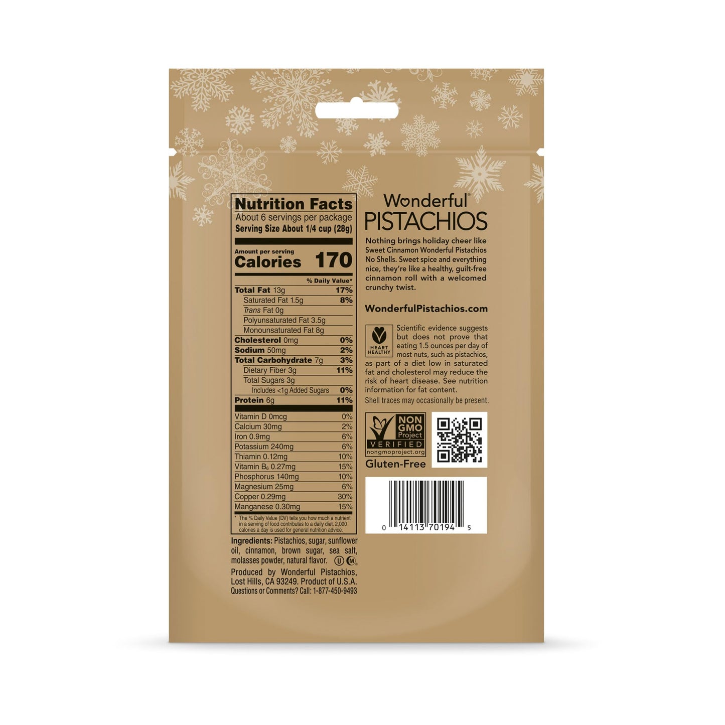 Wonderful Pistachios No Shells, Sweet Cinnamon Flavored Nuts, 5.5 Ounce Resealable Bag, Protein Snacks, Gluten Free, Healthy Sna