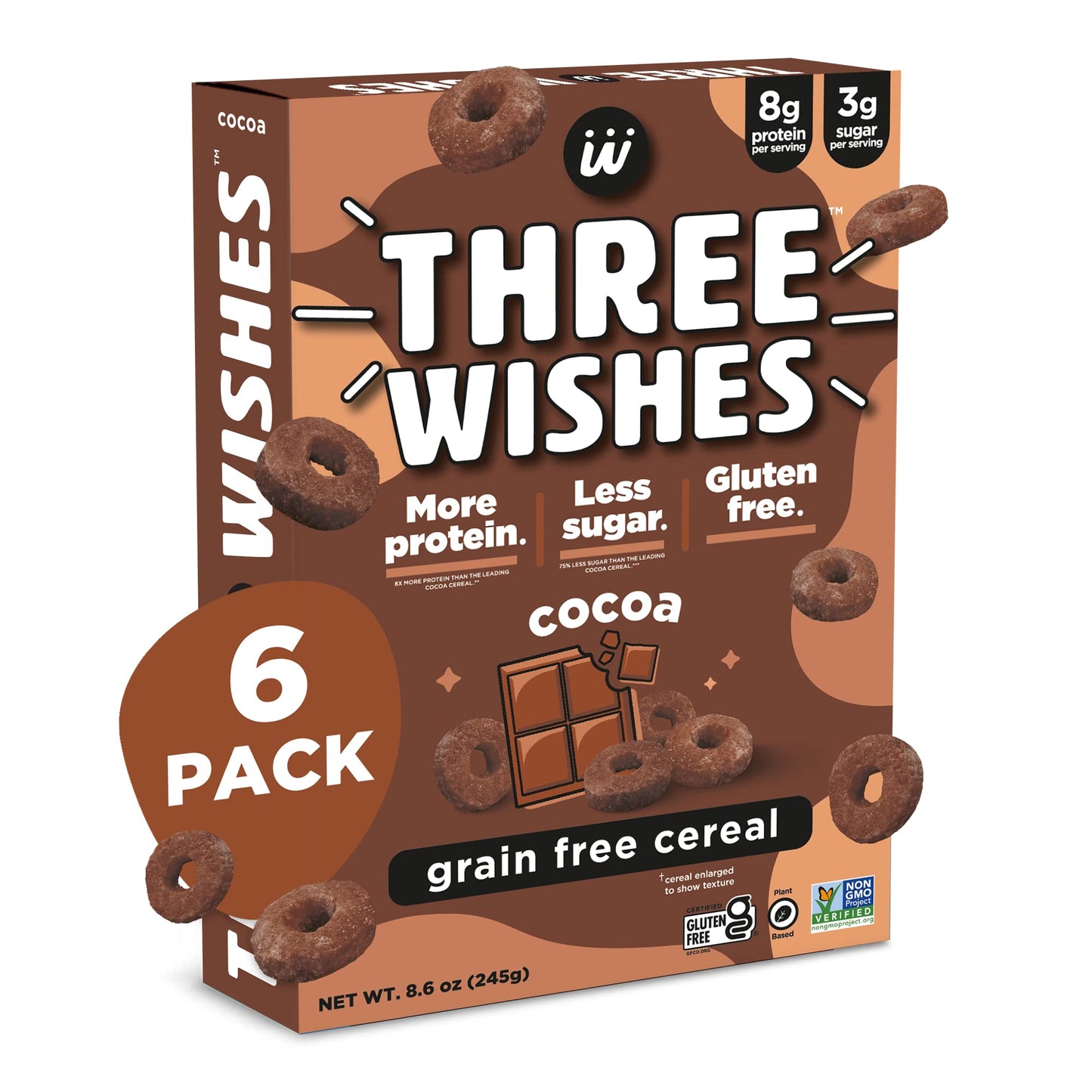 Plant-Based and Vegan Breakfast Cereal by Three Wishes - Cocoa, 6 Pack - More Protein and Less Sugar Snack - Gluten-Free, Grain-