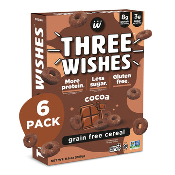 Plant-Based and Vegan Breakfast Cereal by Three Wishes - Cocoa, 6 Pack - More Protein and Less Sugar Snack - Gluten-Free, Grain-
