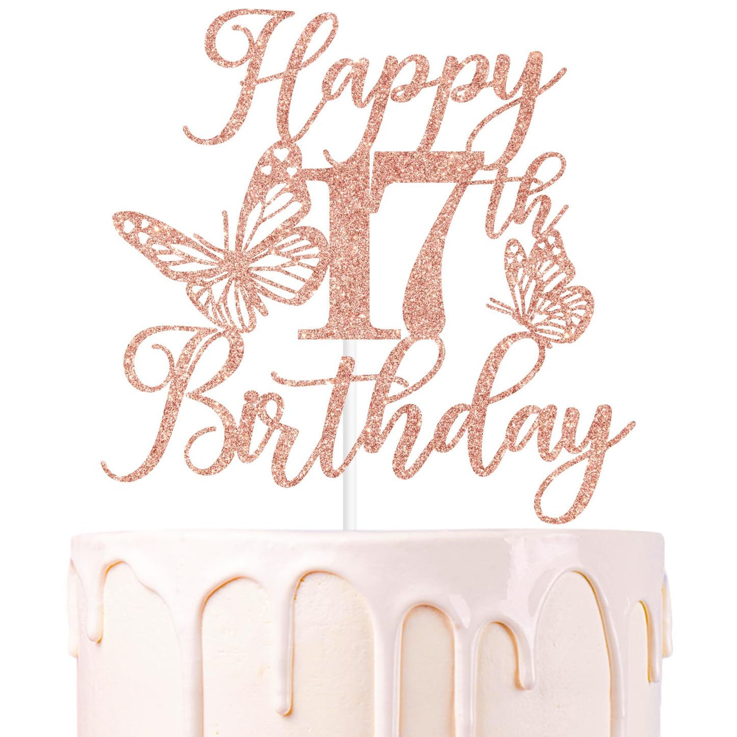 We Can Bearly Wait Rose Gold Glitter Cake Topper, Happy 17th Birthday, Butterfly Theme, Paper Decoration for Girls