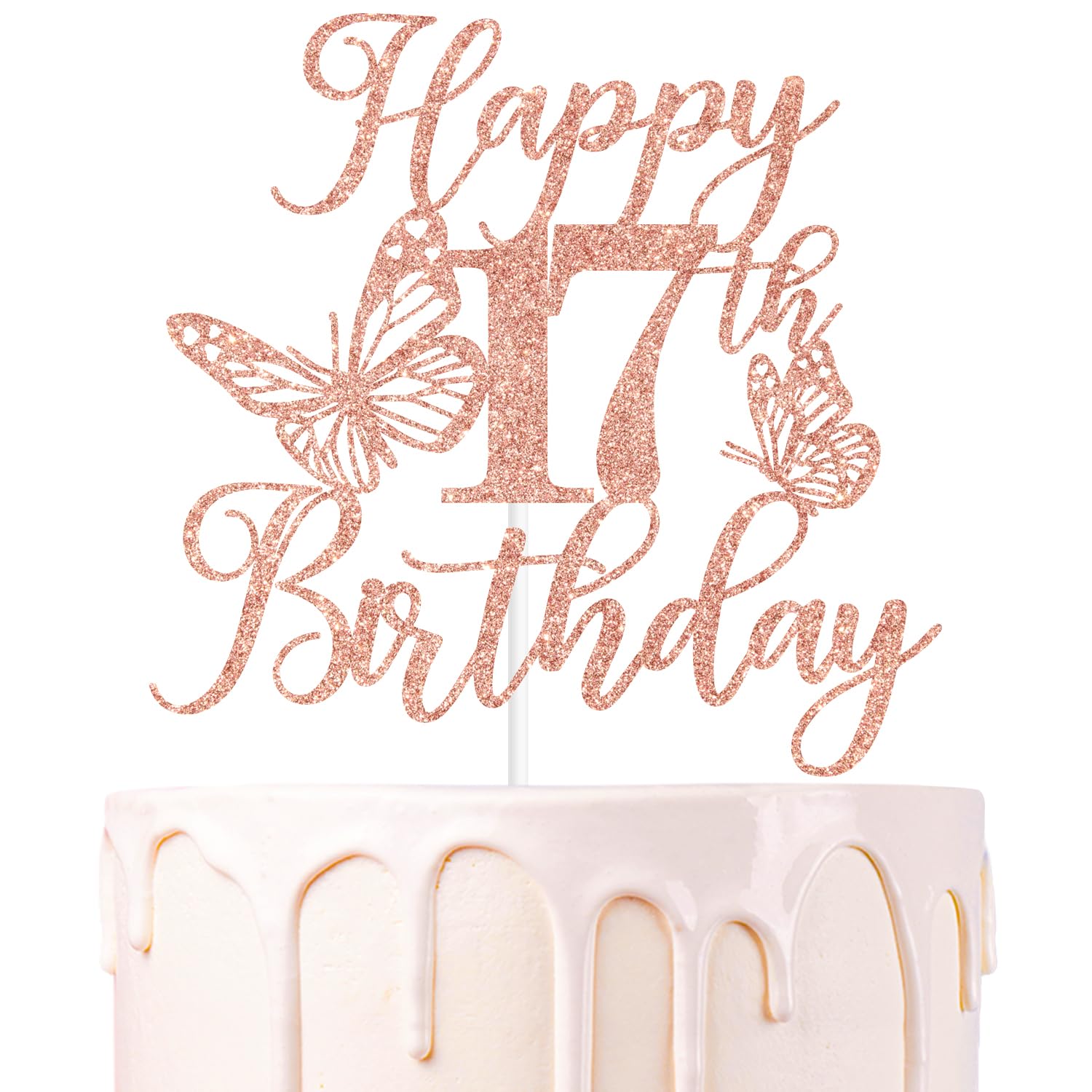 We Can Bearly Wait Rose Gold Glitter Cake Topper, Happy 17th Birthday, Butterfly Theme, Paper Decoration for Girls