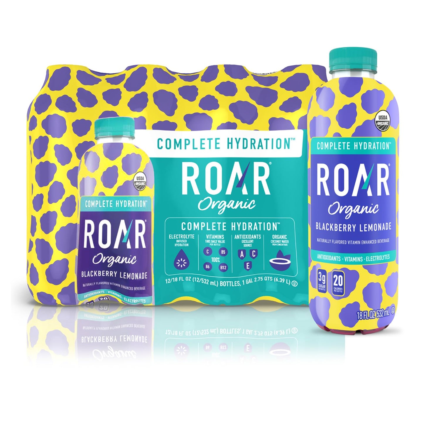 Roar Complete Hydration Organic - Electrolyte Drinks Loaded With Vitamins C, B5, B12 - Non-Gmo, Gluten-Free - Blackberry Lemonade - 12 Pc