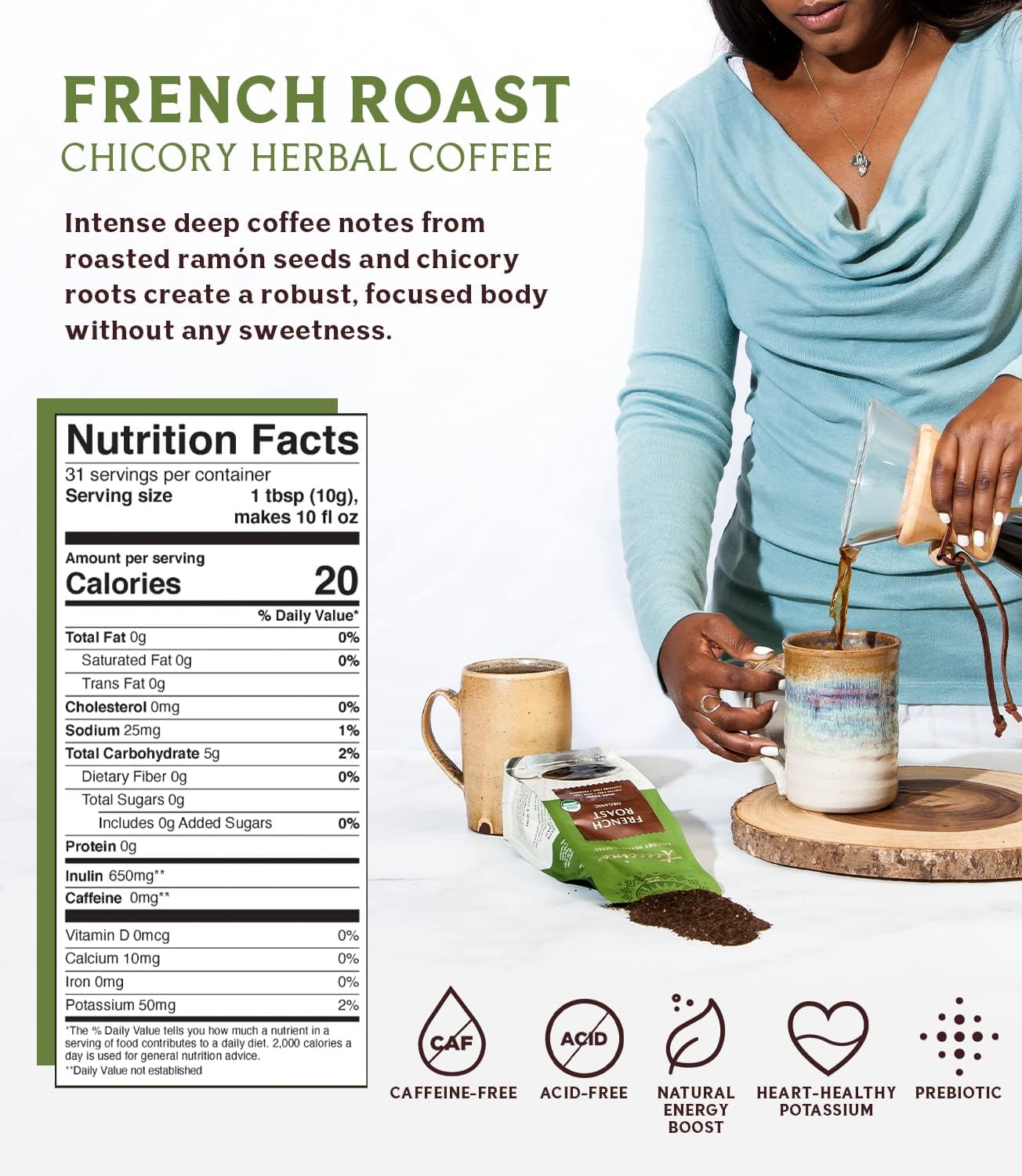 Teeccino French Roast Herbal Coffee Alternative, Caffeine-Free, Prebiotic, Dark Roast, 11 Ounce, Pack of 3