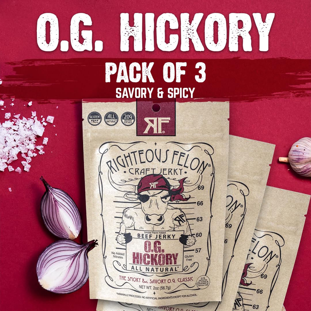 Righteous Felon Beef Jerky - Og Hickory Flavor - All-Natural Jerky - Locally Sourced & Dried Beef Jerky - Low-Sugar, High-Protei