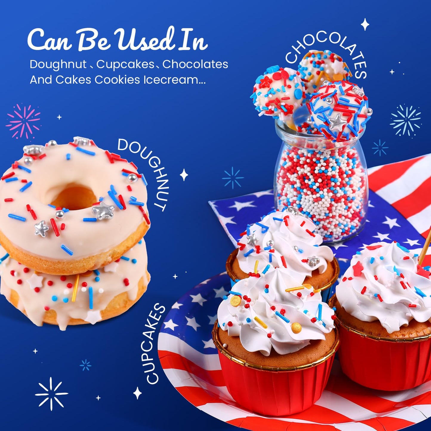 4Th Of July Sprinkles, Patriotic Sprinkles For Cupcakes, Metallic Sliver Star Red Blue Sprinkles For Cake Decorating Cupcakes Ic