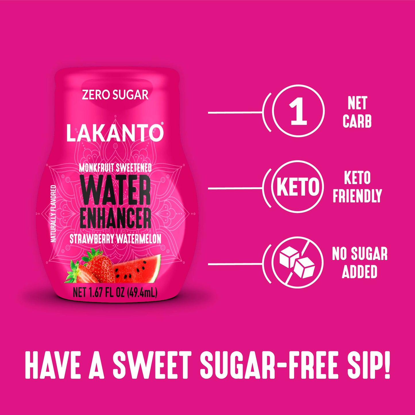 Lakanto Sugar Free Water Enhancer - Sweetened With Monk Fruit Sweetener And Erythritol, On The Go Liquid Hydration, Zero Sugar, Naturally Flavored - Strawberry Watermelon (1.67 Fl Oz - Pack Of 6)