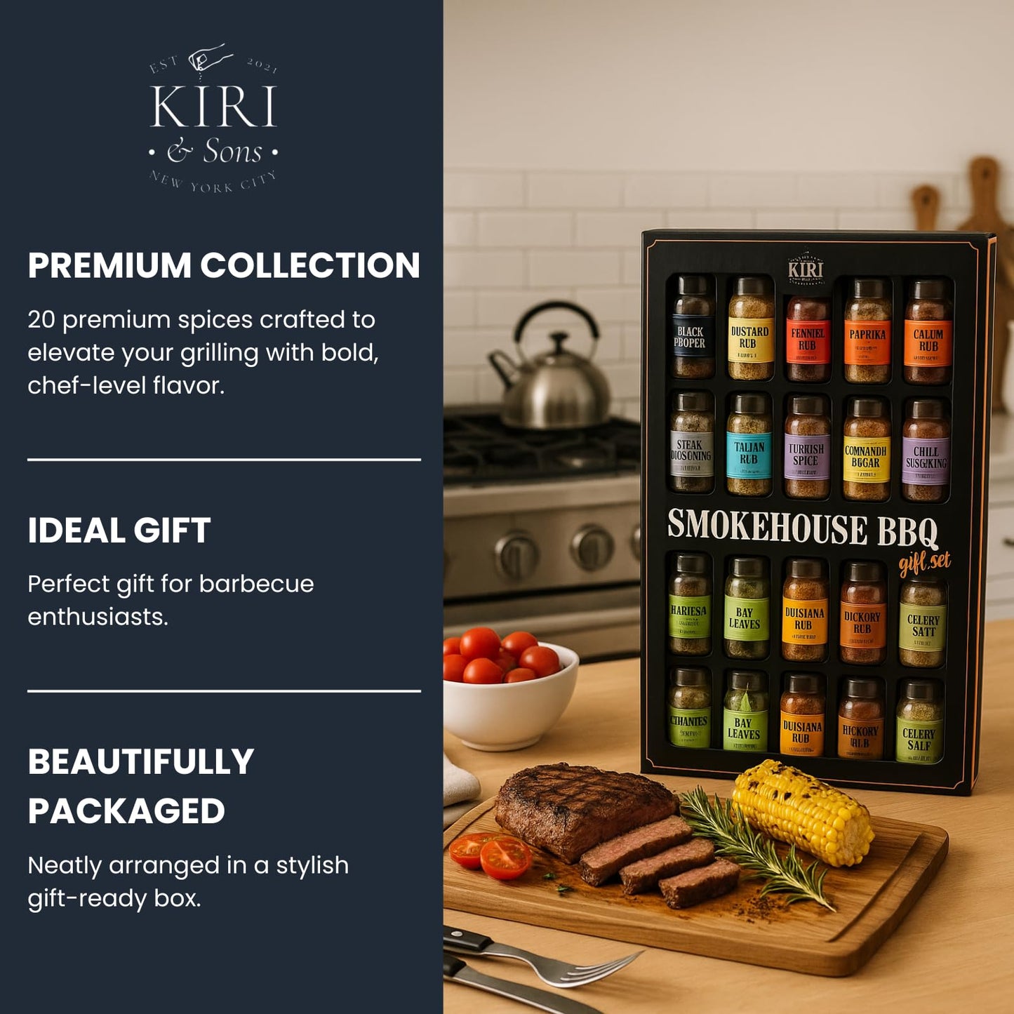 Kiri & Sons BBQ Gourmet Grilling Spice Set - 20 Flavors in Glass Bottles, Perfect Father's Day Gift, 30 Ounce Seasonings