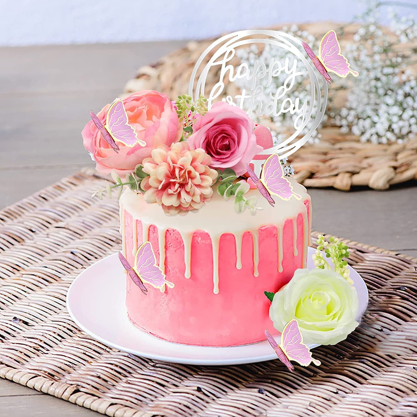 Lukinuo 14 Pcs Boho Flower Cake Topper, 3D Birthday Cake Leaf Decoration Gold Flower Cake Topper Flower Wedding Cake Topper Boho