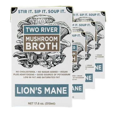 Two River Lions Mane Mushroom Broth made with organic Lions Mane and Shiitake Mushrooms, vegan plus adaptogens, perfect for si