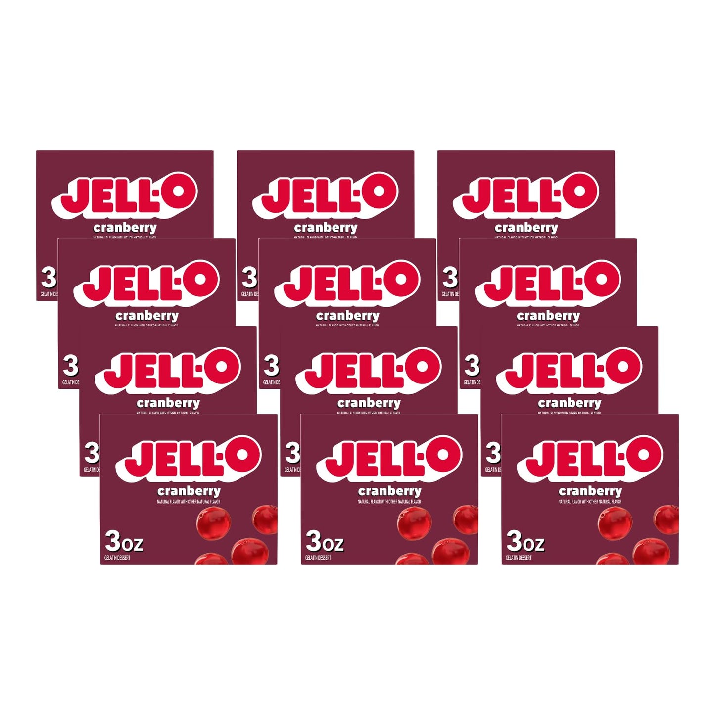 Jell-O Cranberry Gelatin Dessert, 3oz Boxes (Pack of 12)