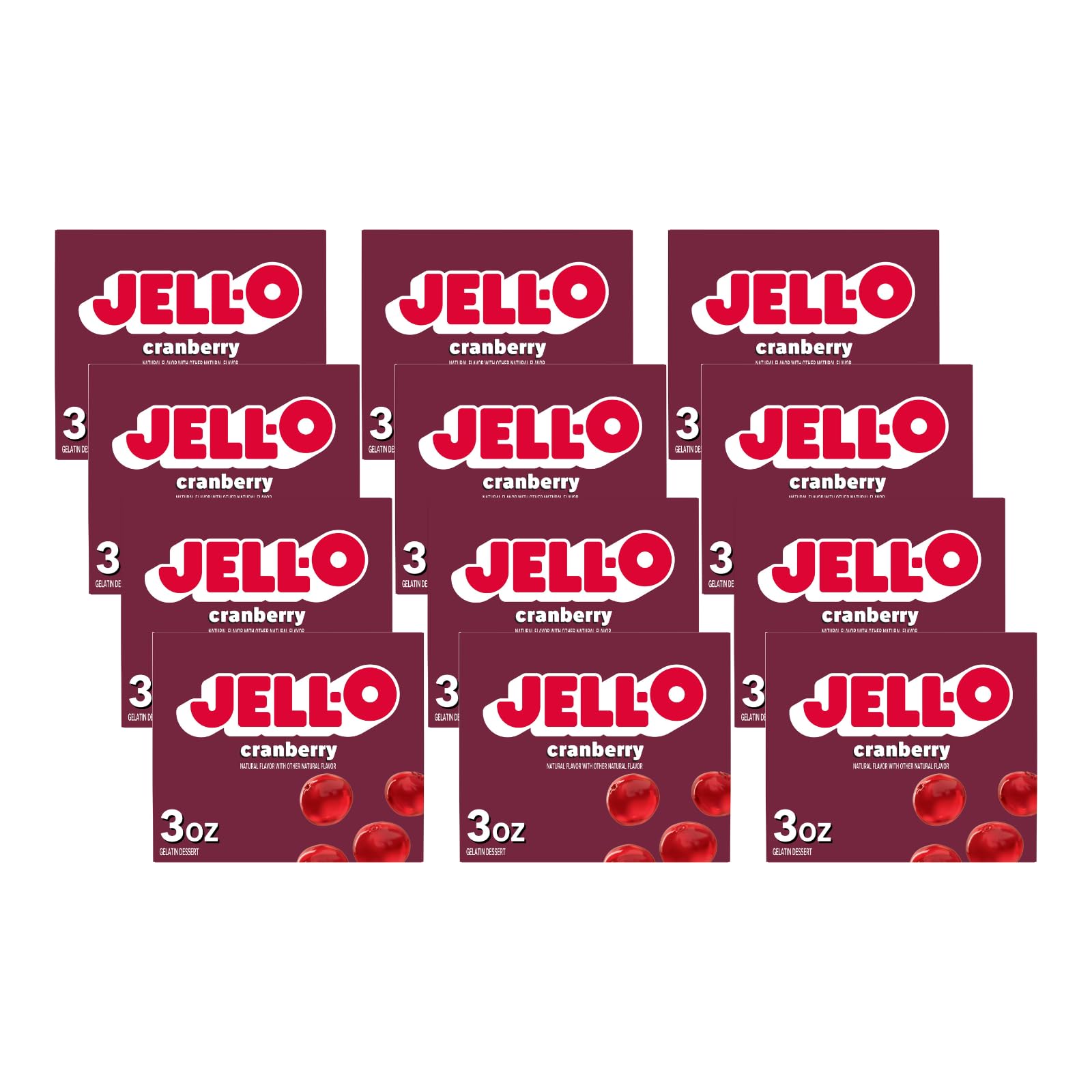 Jell-O Cranberry Gelatin Dessert, 3oz Boxes (Pack of 12)