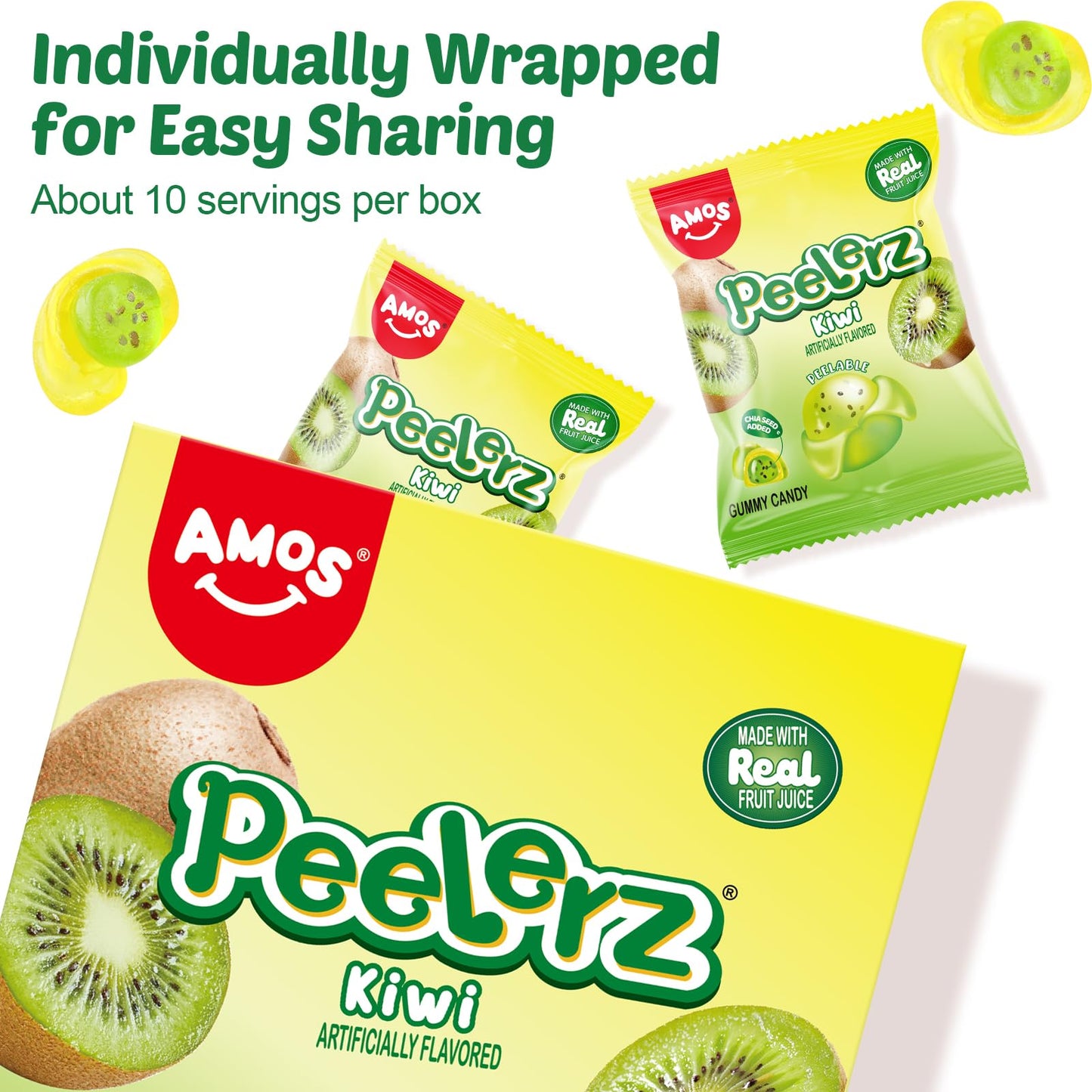 Amos Peelerz Kiwi Gummy Candy, Peelable Fruit-Inspired Candy, 8.47Oz Box With 10 Individual Packs - Playful Kiwi Snack With Chia