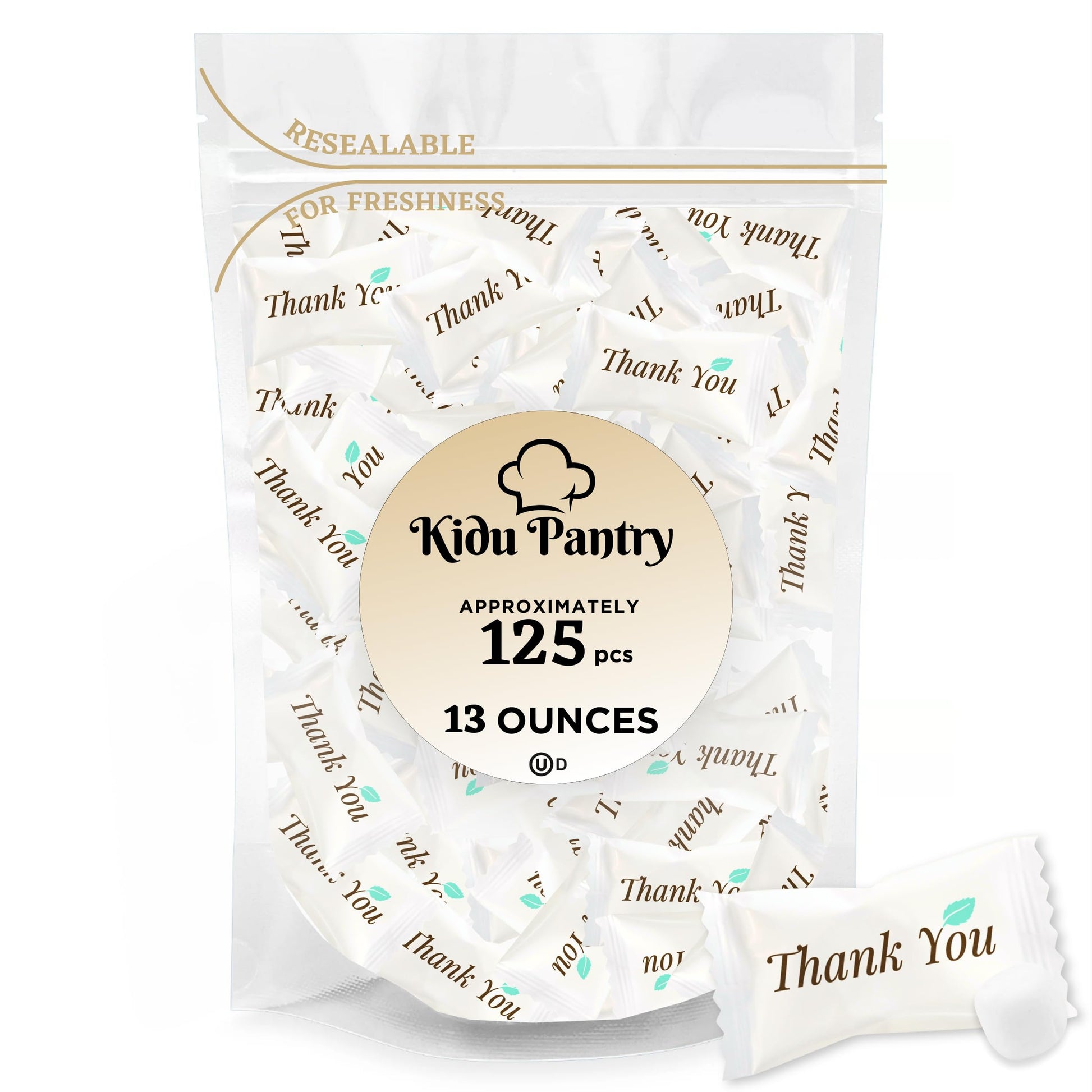 KIDU Pantry Thank You Buttermints - Individually Wrapped Appreciation Mints - 13 oz Resealable Bag (Approx. 125 Buttermints) - E