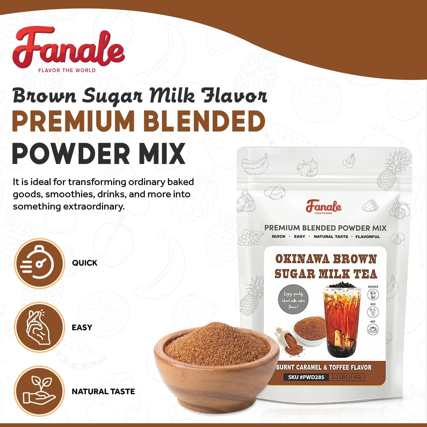 Fanale Okinawa Brown Sugar Milk Tea Flavoring Powder, 2.2 lb, Model PWD285 - Ideal for Baking, Smoothies, Desserts, and Drinks