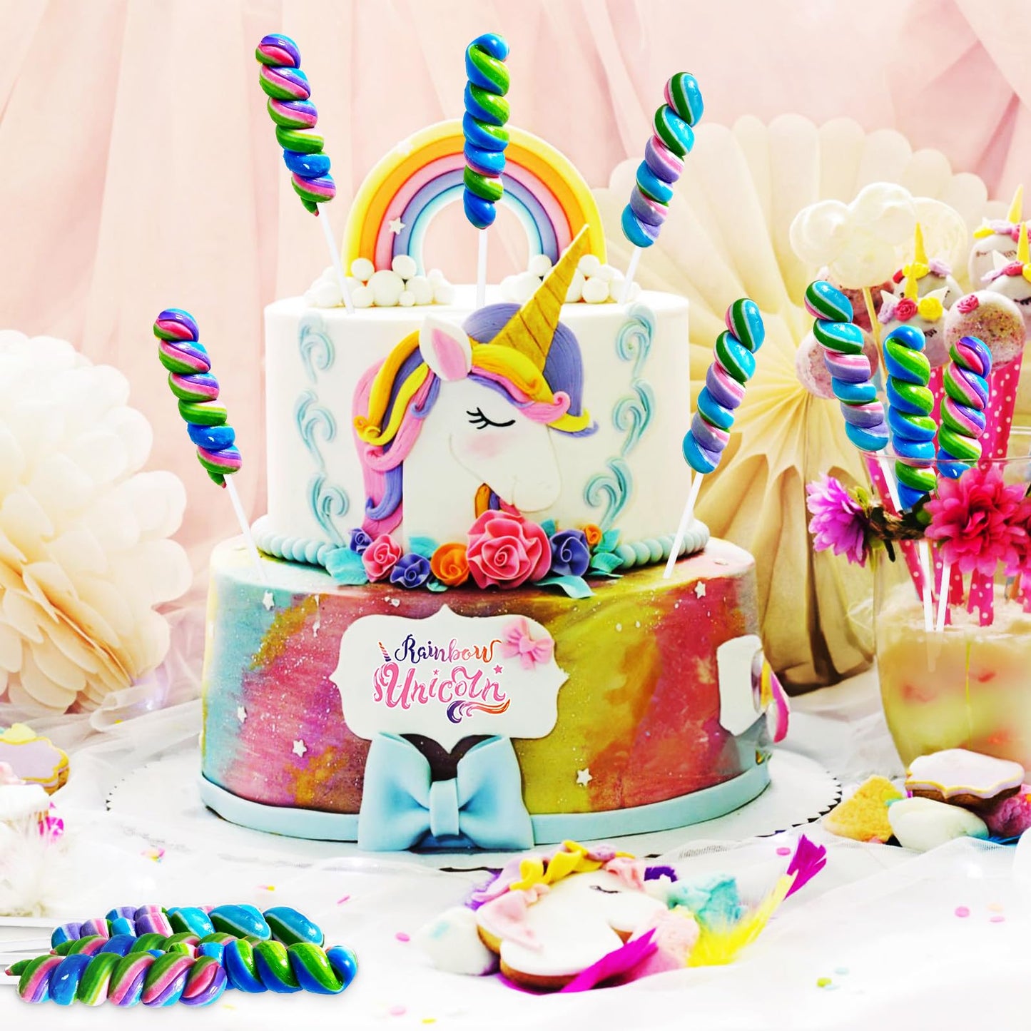 Rainbow Twisty & Swirl Lollipops 20Pk, Mermaid Lollipops Candy Individually Wrapped Bulk, Mermaid Party Supplies - Unicorn Candy