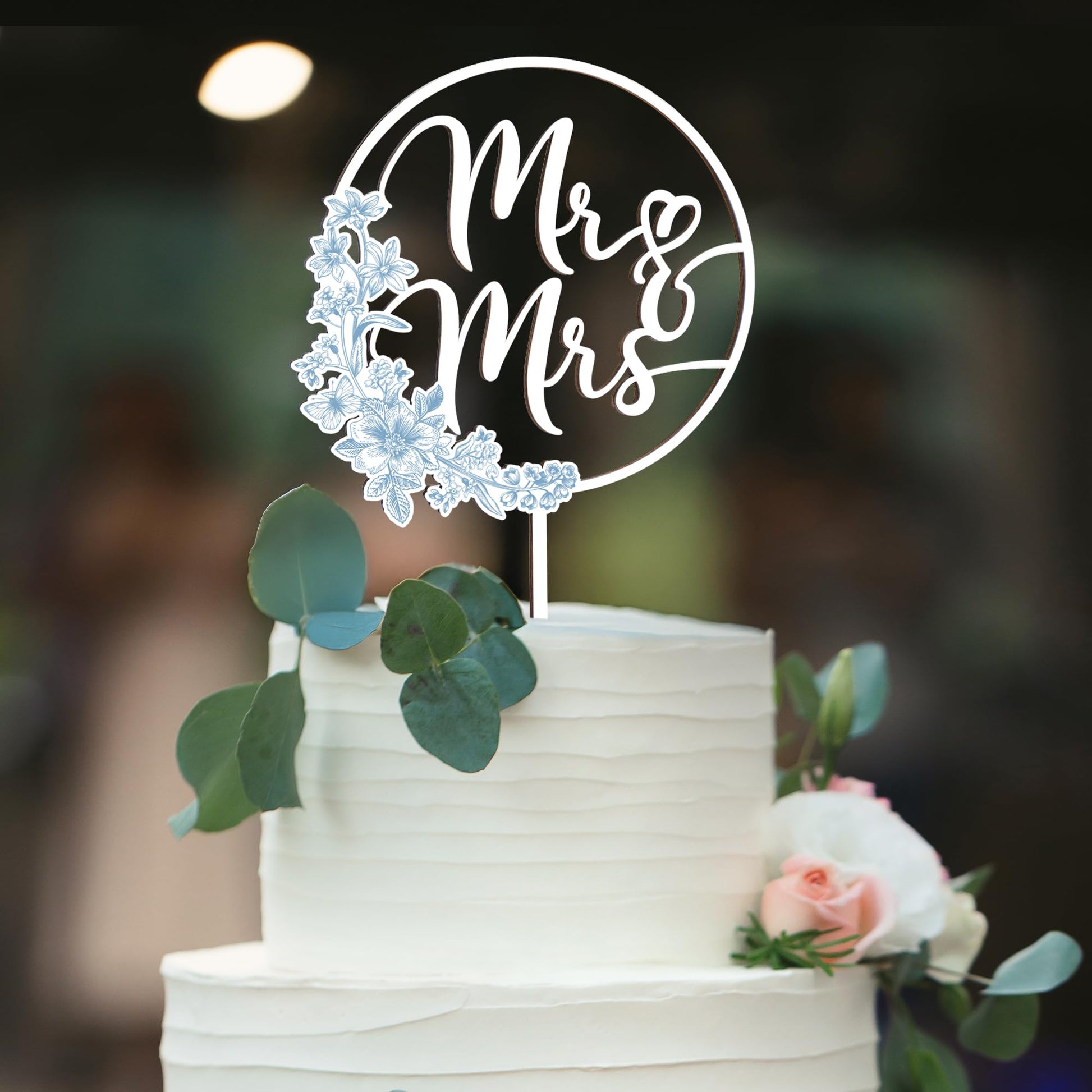 Mr & Mrs Cake Topper Greeny Wedding Cake Topper In Wood, Newly Wed Cake Toppers, Wedding Cake Toppers Bride And Groom, Toile De Jouy Decorations, Something Blues Gifts (Toile De Jouy)