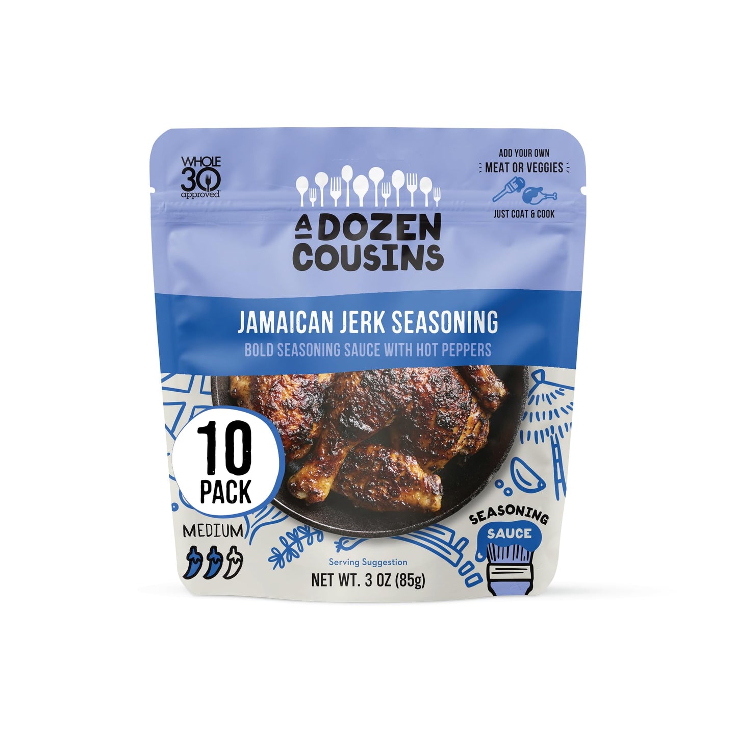 A Dozen Cousins Entrée Seasoning Sauce Marinade - Coat And Cook For Chicken Seasoning, Bbq, Protein & More - 10 Pack - Bold Jamaican Jerk Seasoning Sauce With Hot Peppers (3Oz Each)