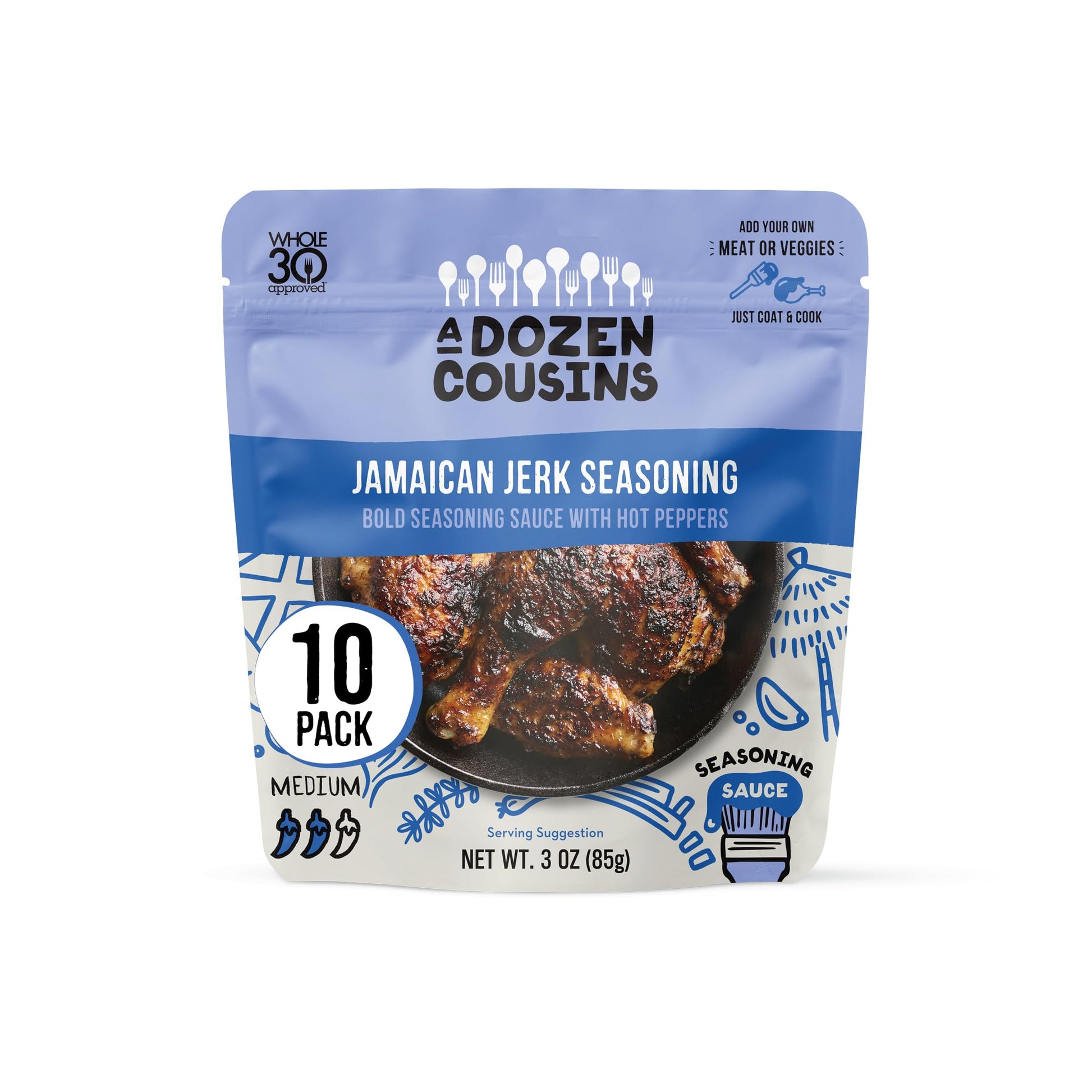 A Dozen Cousins Entrée Seasoning Sauce Marinade - Coat And Cook For Chicken Seasoning, Bbq, Protein & More - 10 Pack - Bold Jamaican Jerk Seasoning Sauce With Hot Peppers (3Oz Each)