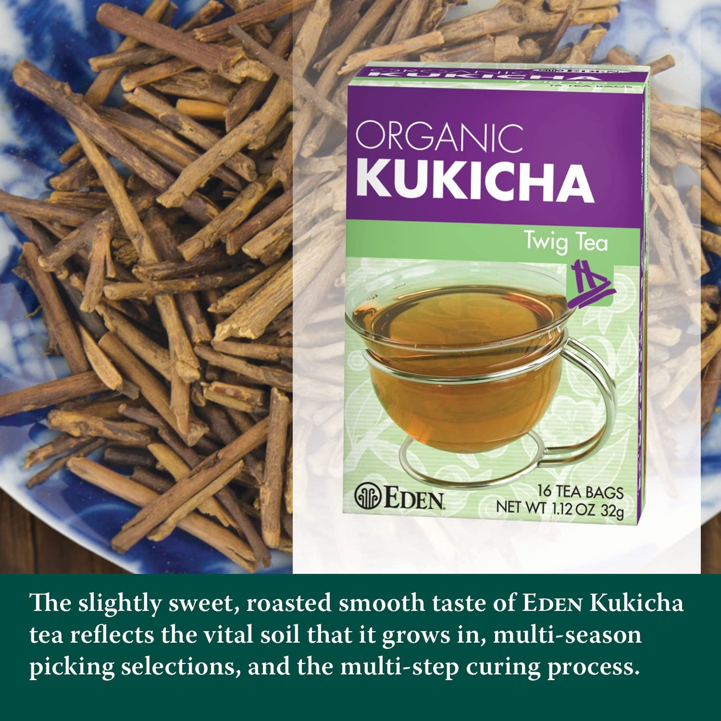 Eden Kukicha Organic Roasted Twig Tea, Low Caffeine, 16 Unbleached Manila Tea Bags, 3 Pack