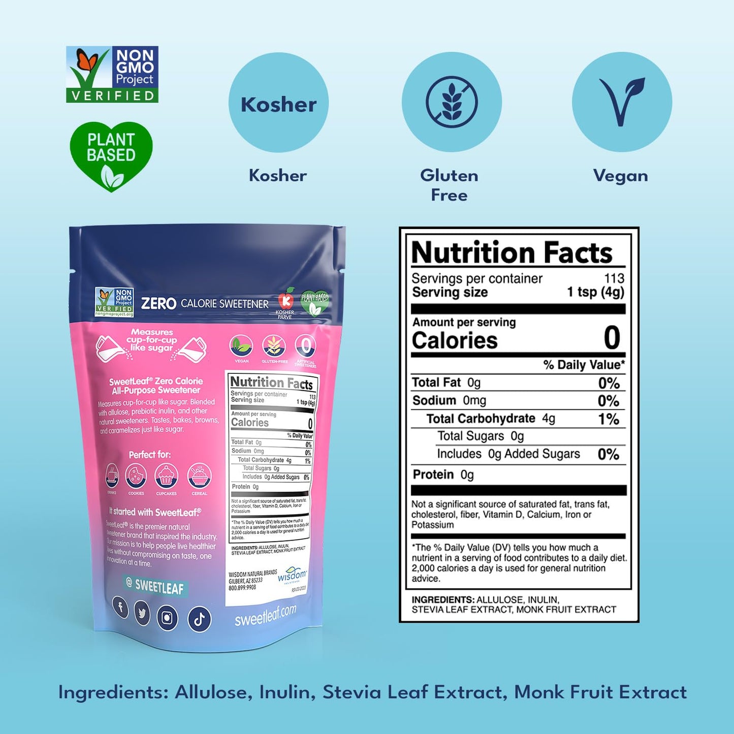 SweetLeaf Indulge Powder Sugar Replacement, Allulose & Monk Fruit Blend, Zero-Calorie, 16 Oz