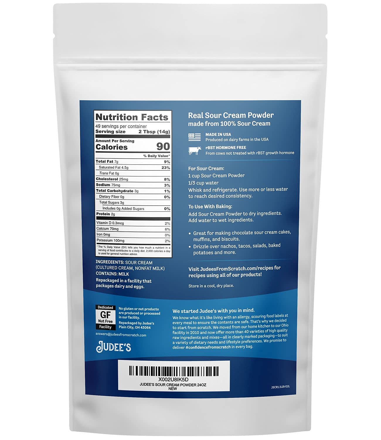 Judees Sour Cream Powder - 100% Non-GMO, Gluten-Free, Keto-Friendly - 24 oz