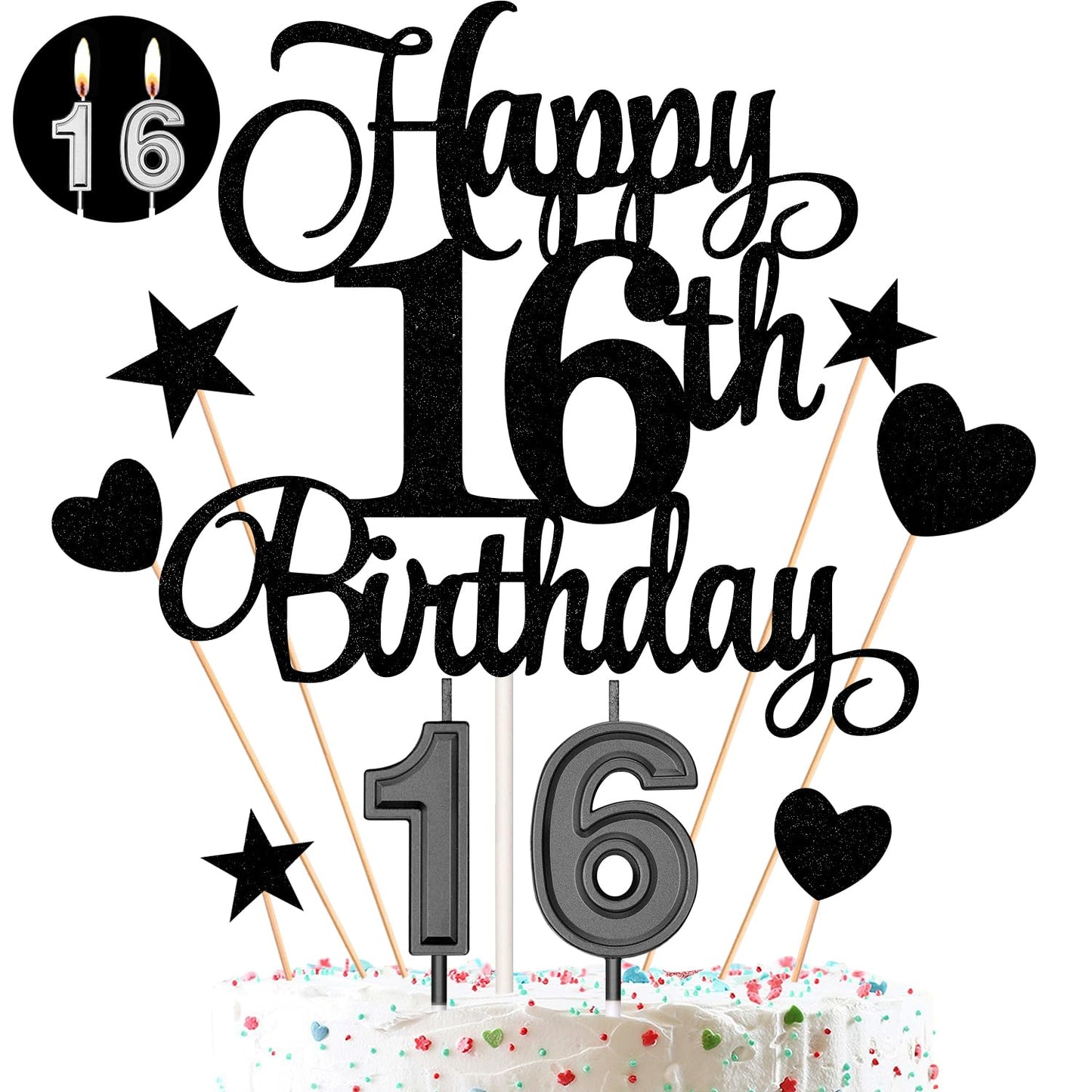 HOGRTi 16th Birthday Cake Decorations Set - Black Series, Includes Candles, Toppers & Cupcake Picks