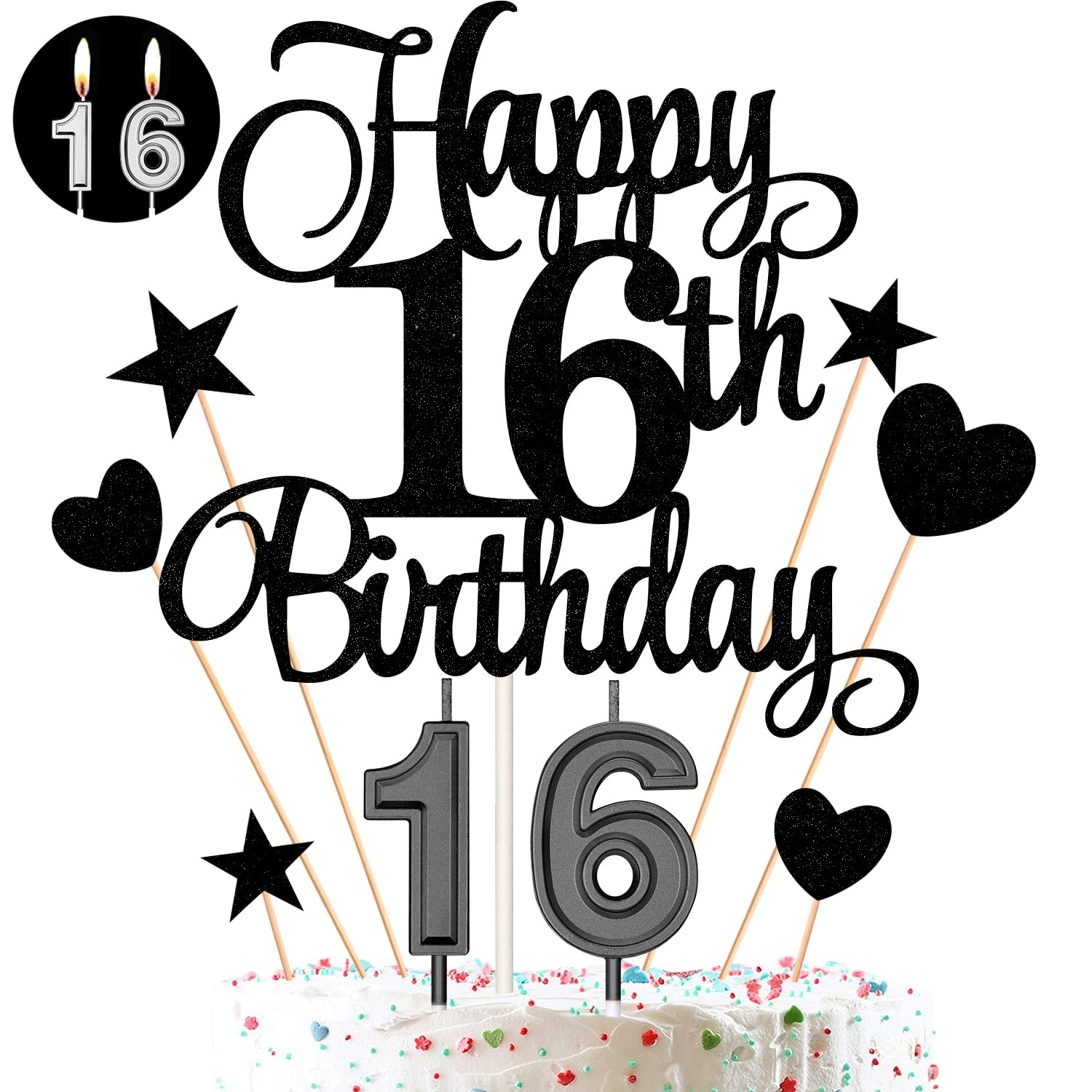 HOGRTi 16th Birthday Cake Decorations Set - Black Series, Includes Candles, Toppers & Cupcake Picks