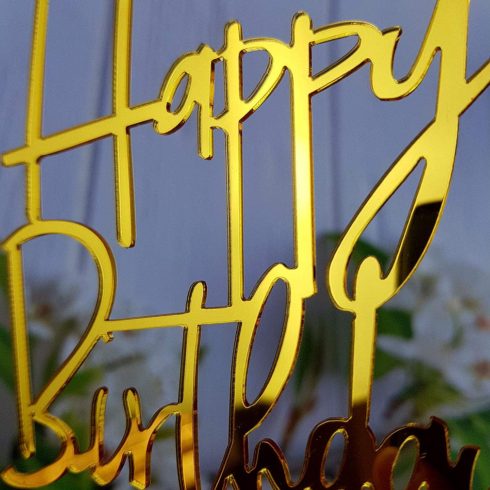 JIEEIN Happy Birthday Cake Topper - Mirror Gold Acrylic, Model NJ-0056