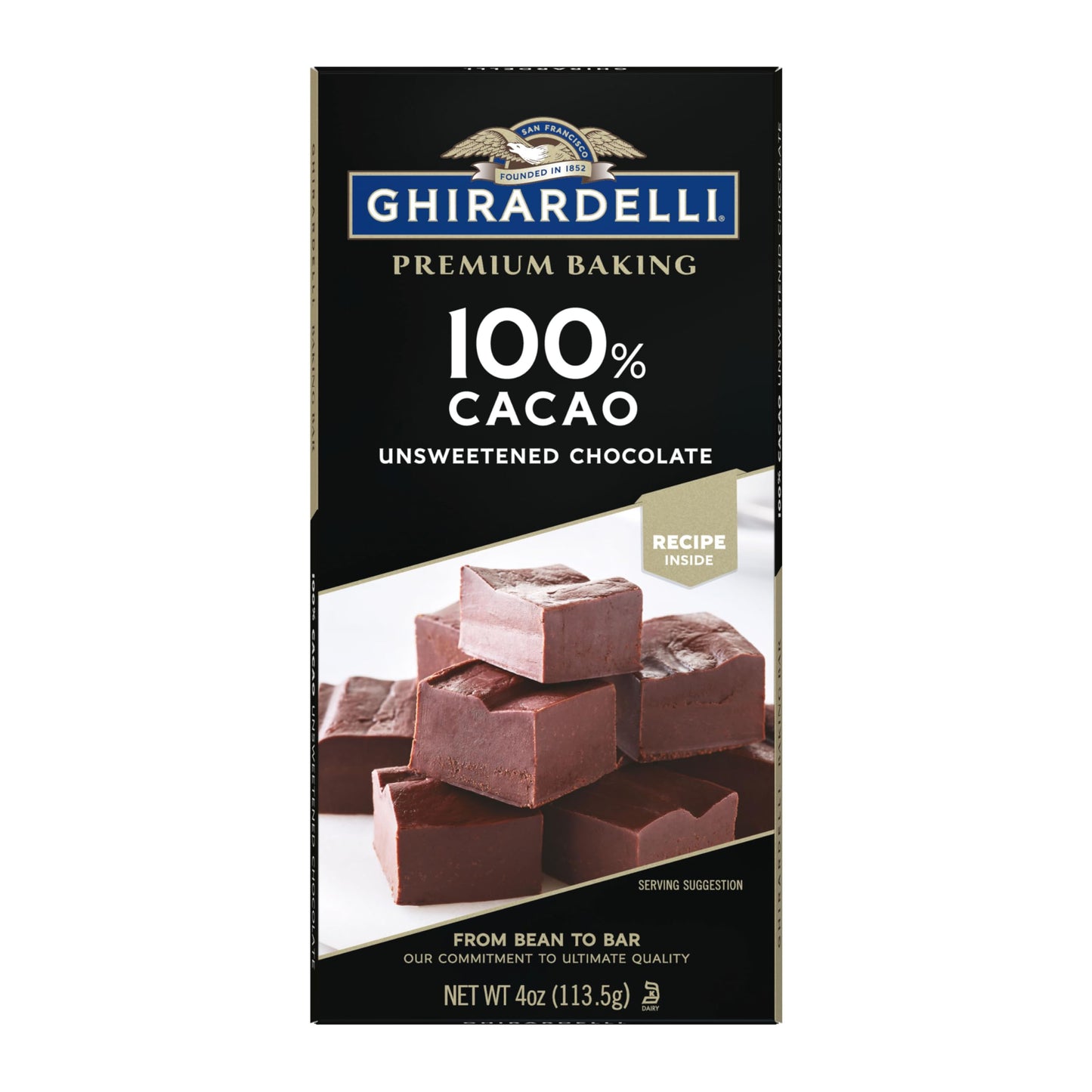 Ghirardelli Premium Unsweetened Chocolate Baking Bar, 4 OZ, 100% Cacao, Full Size, Model 00747599618284