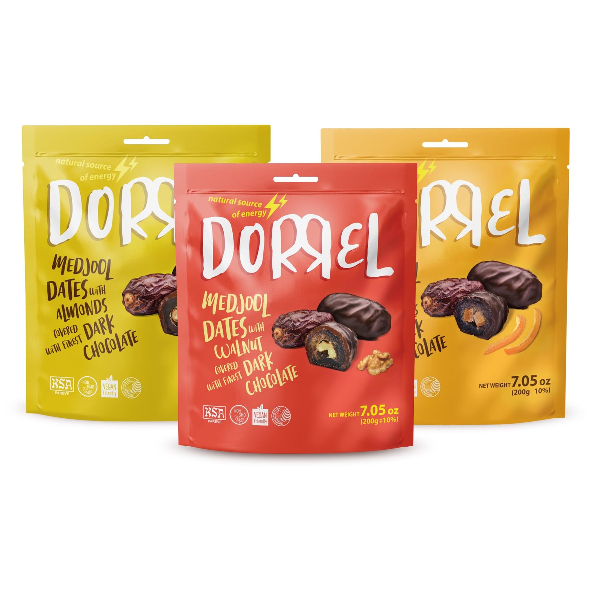 Dorrel - Trio Bundle Pack: Belgian Dark Chocolate Covered Dates Medjool With Candied Orange Peels  Salted Almonds & Walnuts Stuffing  High Energy Kosher Non-Gmo Vegan Choco Snack Pack Of 3  7.05 Oz Ea