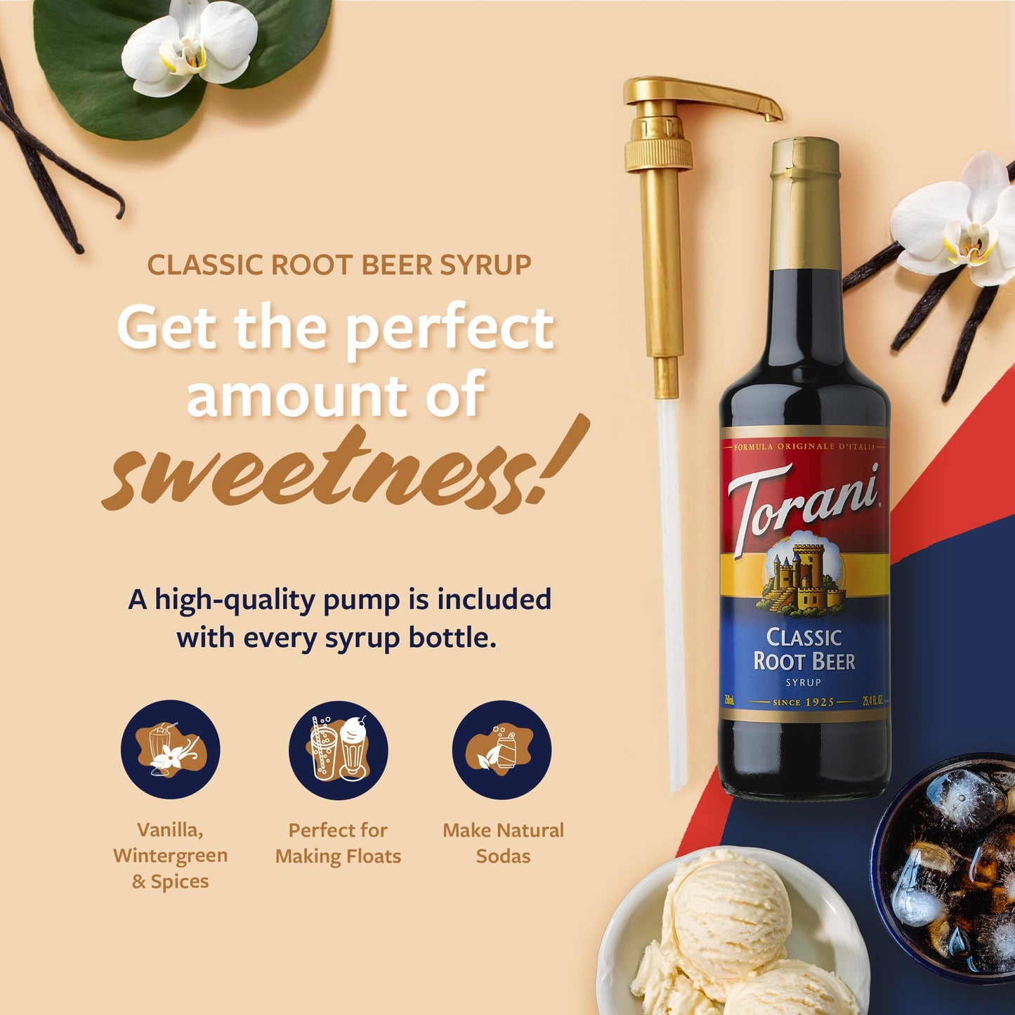 Torani Classic Root malt-inspired Syrup for Drinks, Glass Bottle with Pump, 25.4 Fl Oz