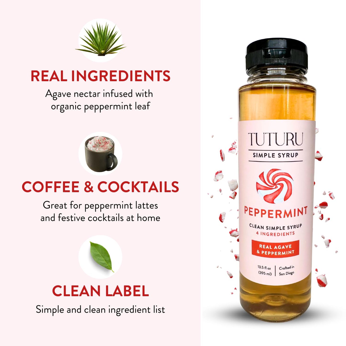 Peppermint Agave Simple Syrup for Coffee  Cocktails  Matcha - Sweetened with Agave Nectar - Infused with Real Peppermint Leaf - 13.5 oz