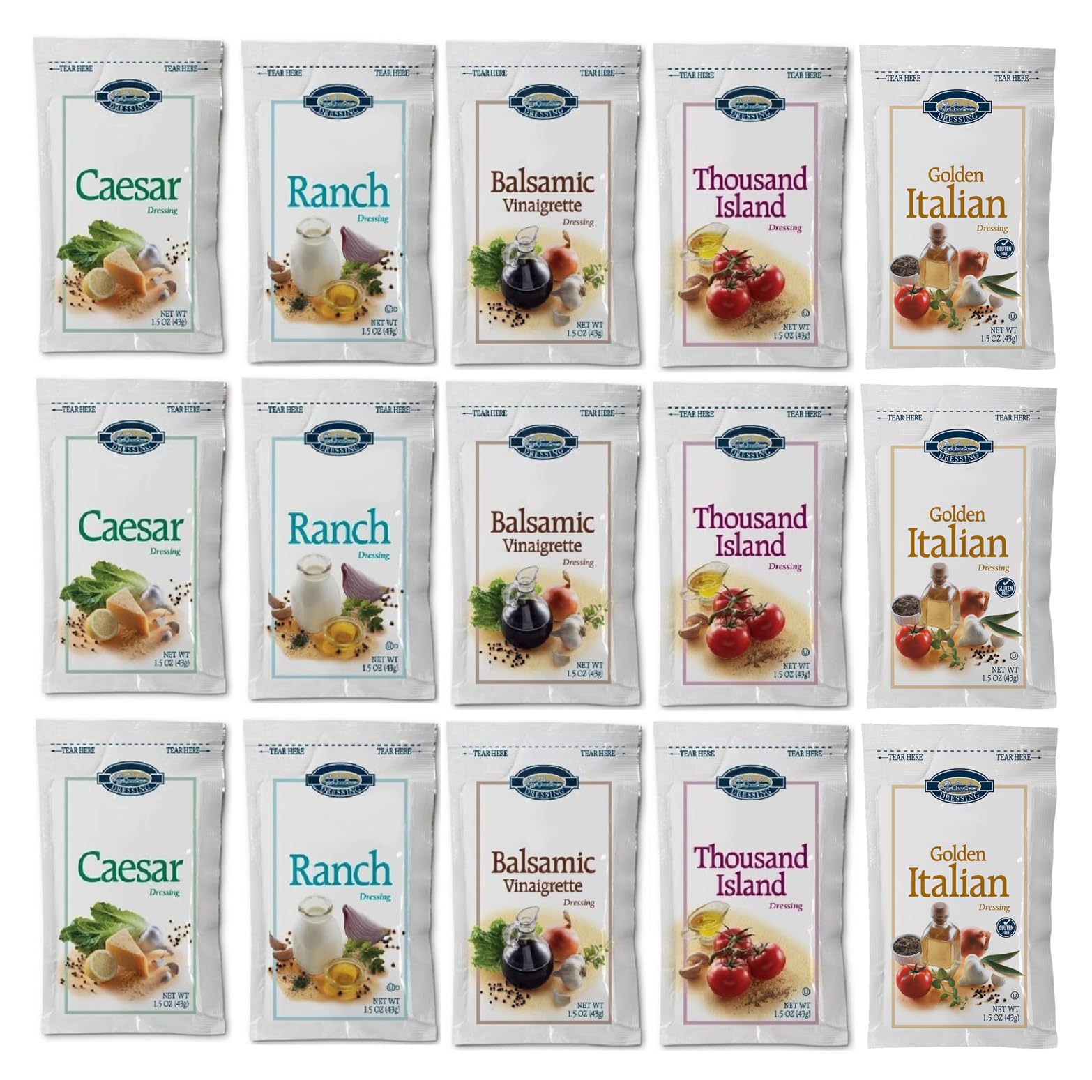 Salad Dressing Packets - Variety Pack 1.5oz - 15 Count (5 Flavor Variety)
