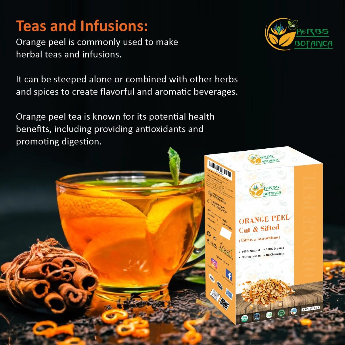 Herbs Botanica Dried Orange Peel Organic Cut & Sifted 8 oz Vegan Non-GMO Gluten-Free