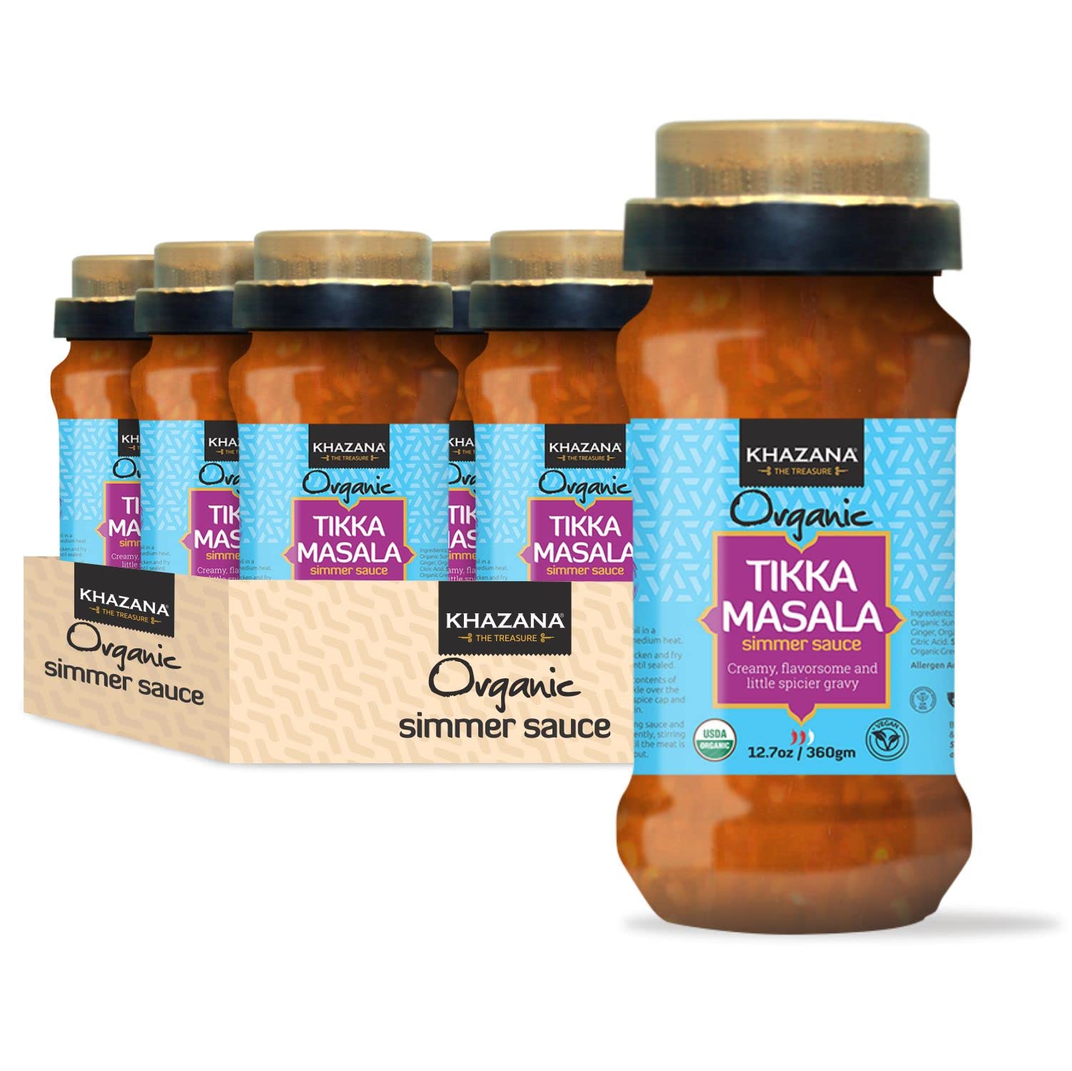Khazana Organic Tikka Masala Indian Simmer Sauce - 6 X 12.7Oz Jars | Non-Gmo, Vegan, Gluten Free, Kosher | Authentic Indian Meal