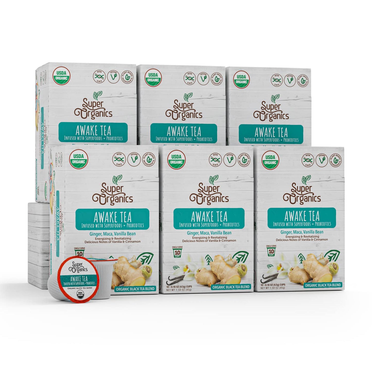 Super Organics Awake Black Tea Pods With Superfoods & Probiotics Keurig K-Cup Compatible Energy  Revitalizing  Refreshing Tea USDA Certified Organic  Vegan  Non-GMO  Natural & Delicious  60ct