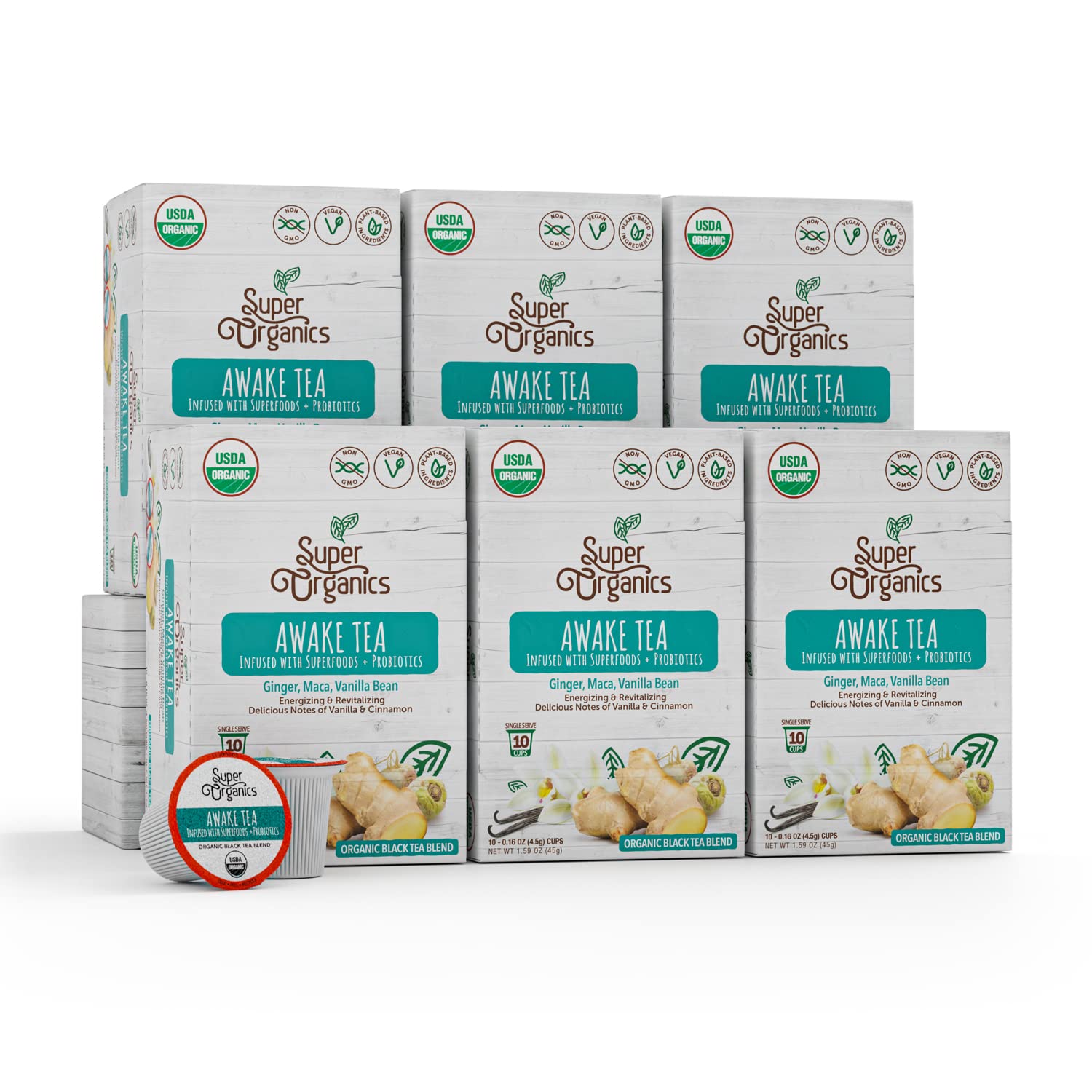 Super Organics Awake Black Tea Pods With Superfoods & Probiotics Keurig K-Cup Compatible Energy  Revitalizing  Refreshing Tea USDA Certified Organic  Vegan  Non-GMO  Natural & Delicious  60ct