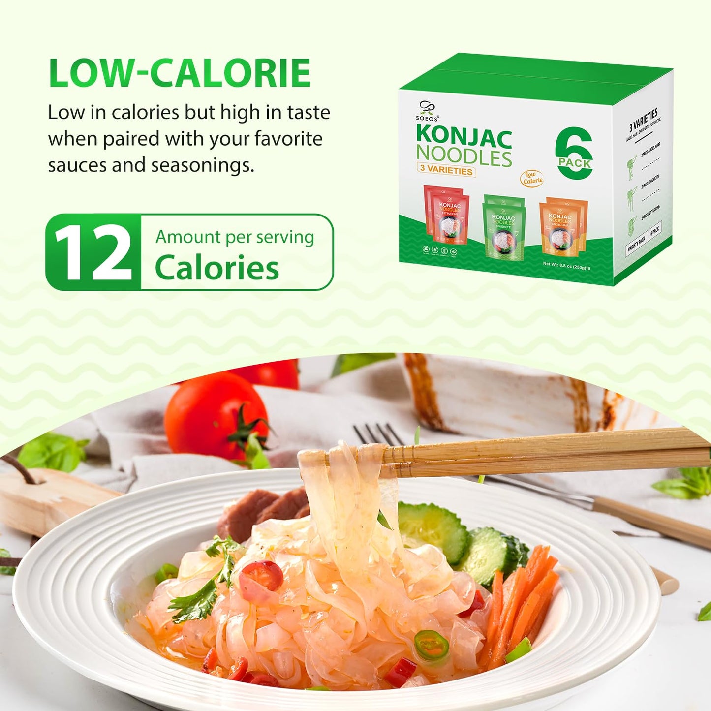 Soeos Konjac Noodles, Shirataki Noodle, Low Calorie, Low Carb, Keto And Paleo Friendly, 3 Variety Noodles, Fettuccine, Angel Hai