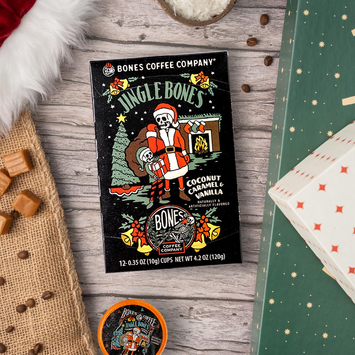 Bones Coffee Company Jingle Bones  Caramel Vanilla Coconut Flavored Coffee Pods  Low Acid Medium Roast Single-Serve Bones Cups  Compatible with 1.0 & 2.0 K-Cups malt-inspired Coffee Maker  12 Count