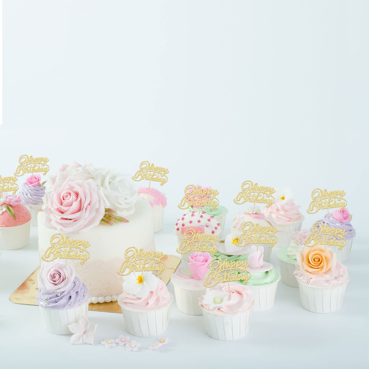 24Pcs Happy Birthday Cupcake Toppers Gold Glitter Birthday Cupcake Food Picks For Celebrating Happy Birthday Party Cake Decorati