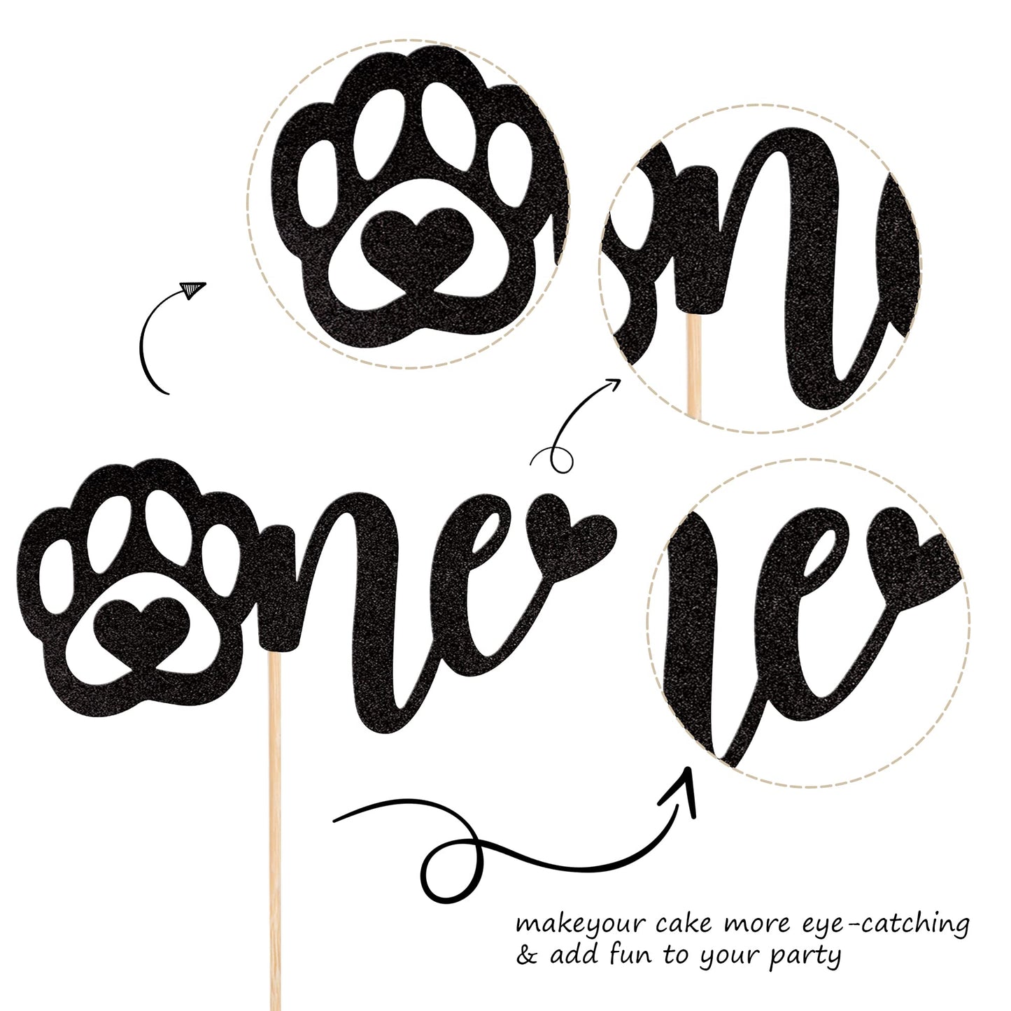 1 Pcs One Cake Topper Black Glitter First Birthday Dog Paw Cake Pick For Puppy Dog Let'S Pawty Theme Baby Shower Kids Boys Girls